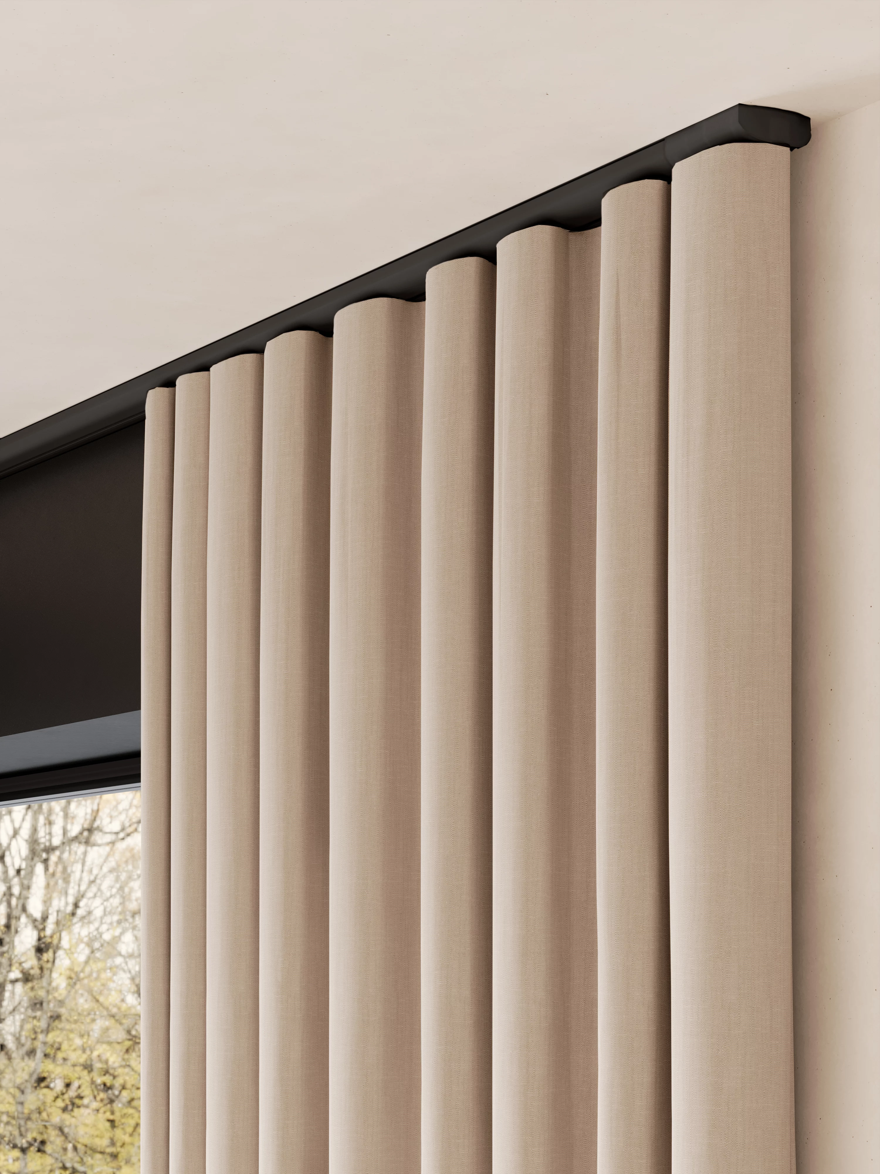 Glybeau-curtain system-motorized-black-detail interior